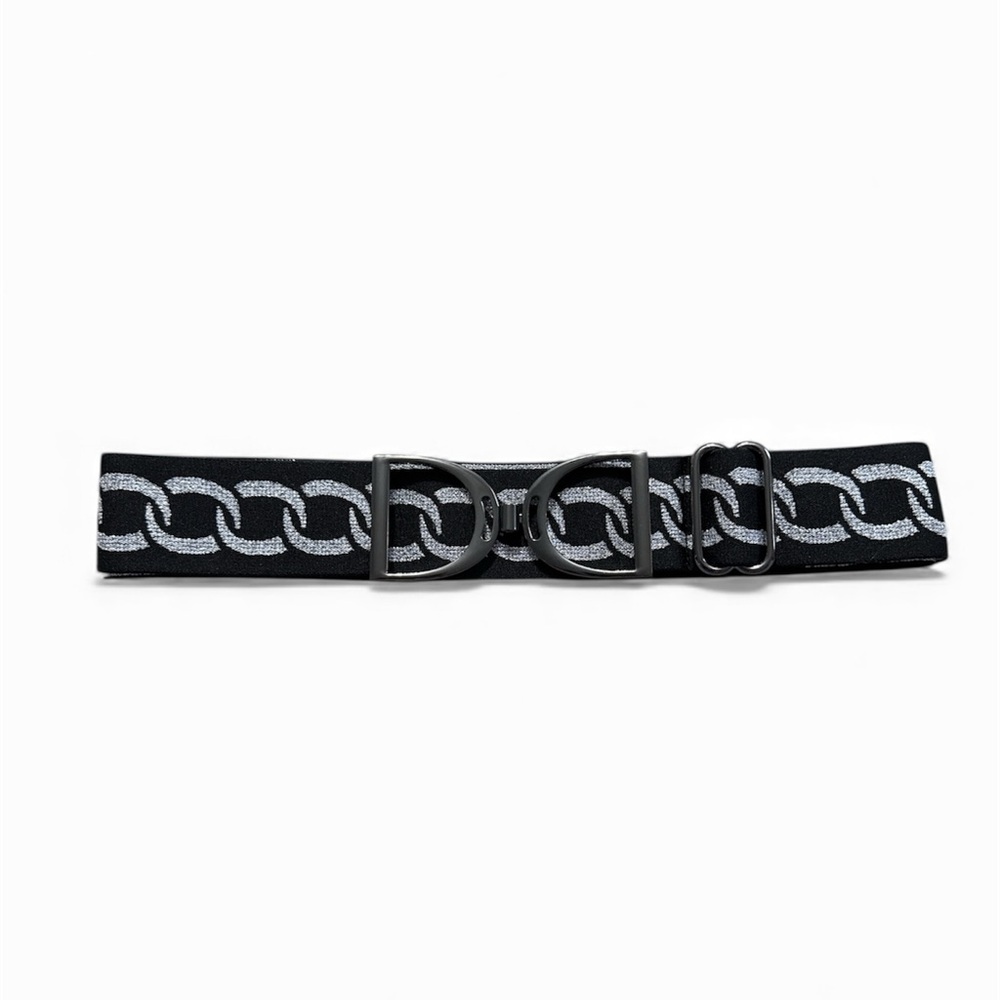 NWT Luxequine 1 1/2” Black & Metallic Silver Chain Belt Gun Metal Stirrup Buckle